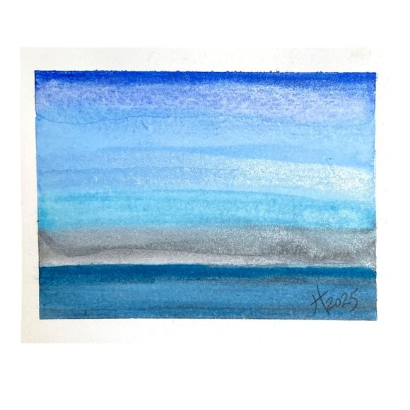 Ocean Blue Original Iridescent Watercolor Painting 4x5in Black Frame Desk Art - Picture 3 of 6
